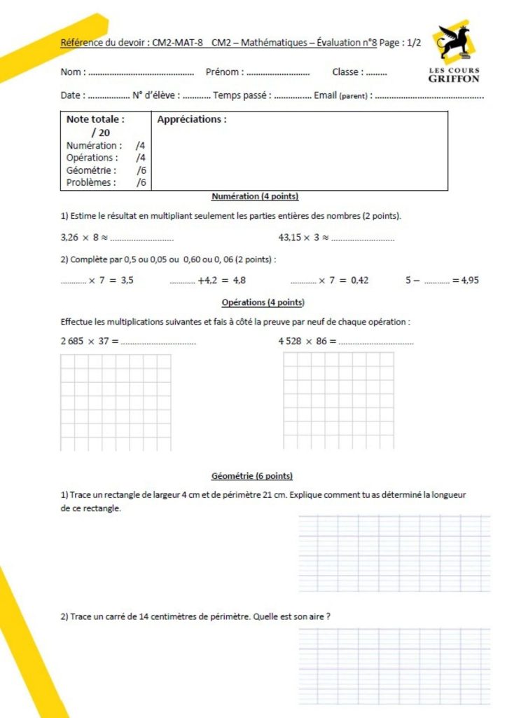 évaluations nationales maths 4ème - Cours Griffon