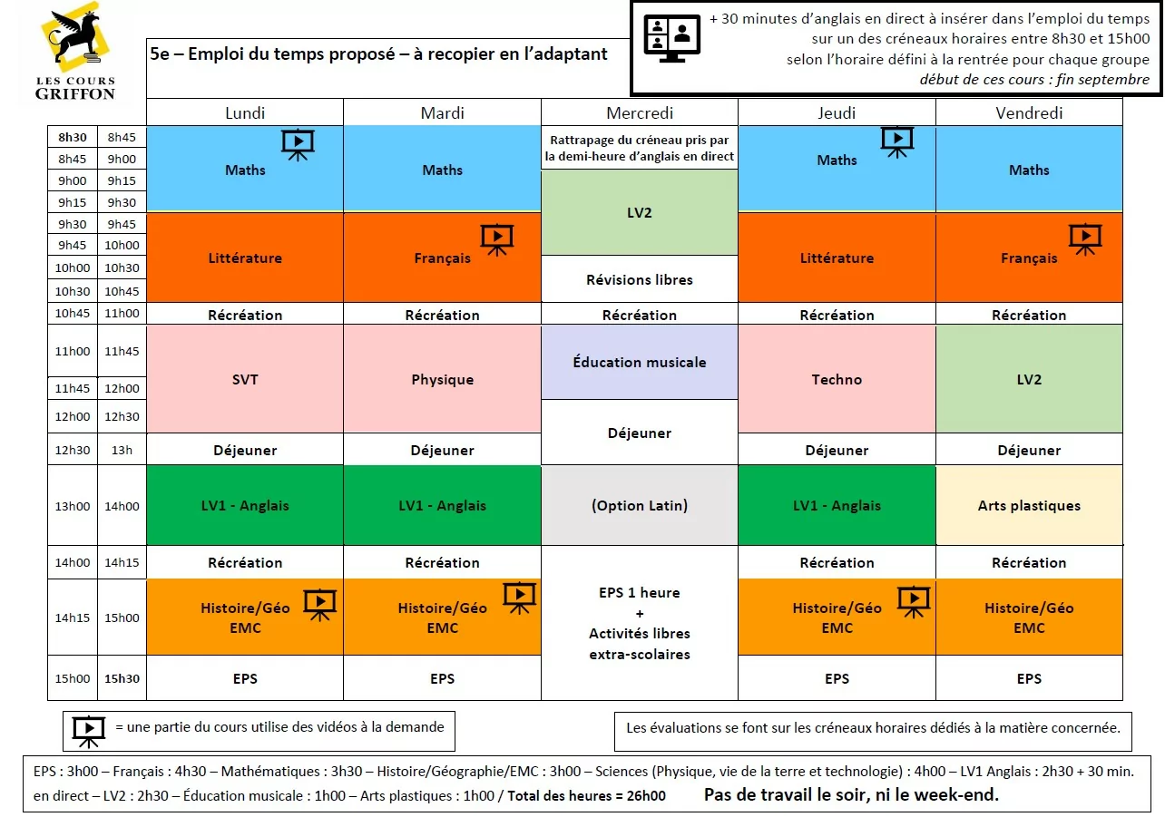 Emploi du temps et rythme d'apprentissage en école à la maison | Cours Griffon