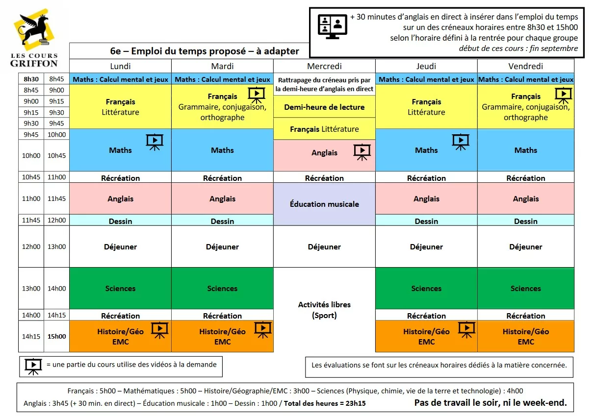 Emploi du temps et rythme d'apprentissage en école à la maison | Cours Griffon